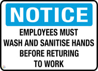 Notice <br/> Employees Must Wash and Sanitise Hands </br> Before Returning to Work