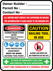 Danger Construction Site Owner Builder Sign