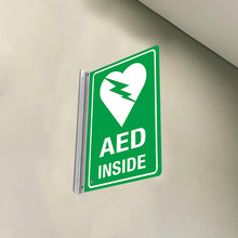 Load image into Gallery viewer, AED Inside Sign – Double-Sided Off-Wall Safety Sign