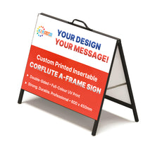 Load image into Gallery viewer, Custom printed Corflute A-frame sign with text on a white background