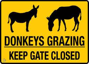 Donkeys Grazing Keep Gate Closed Sign