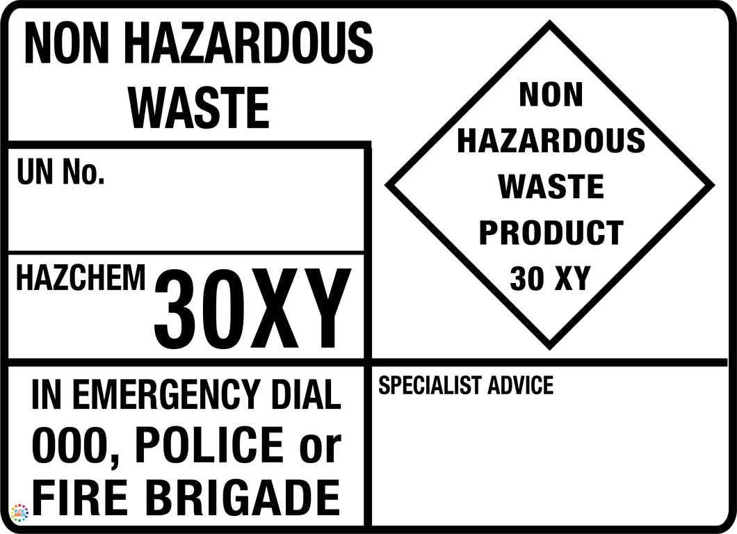 Non Hazardous Waste 30XY Hazchem Panel Sign