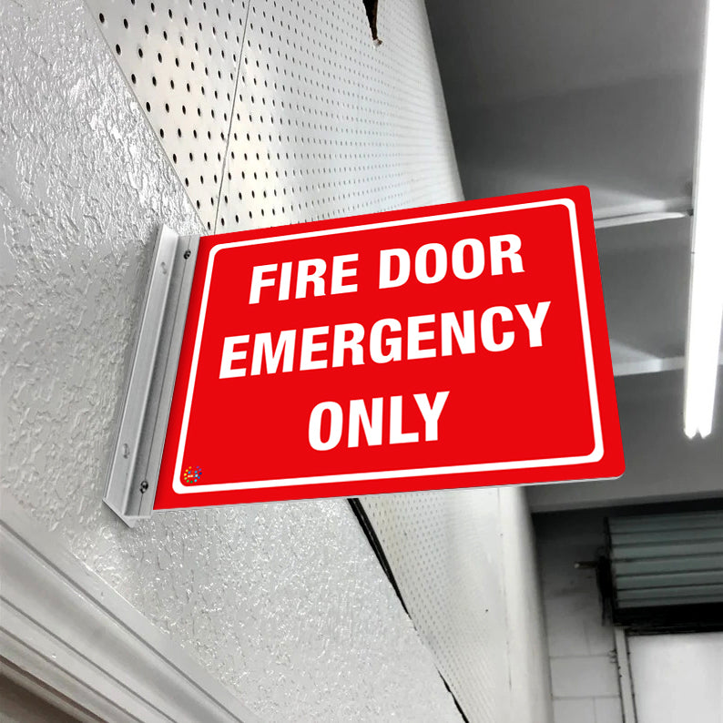 Fire Door Emergency Only Sign – Double Sided Metal Wall Bracket – K2K Signs