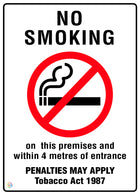 No Smoking - On This Premises  and Within 4 Metres Of Entrance Sign