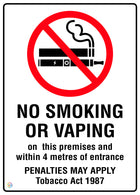 No Smoking No Vaping On This Premises And Within 4 Metres Of Entrance Sign