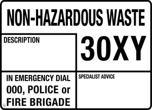 Non Hazardous Waste 30XY Hazchem Panel Sign