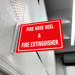 FIRE HOSE REEL & FIRE EXTINGUISHER - DOUBLE SIDED OFF WALL SIGN