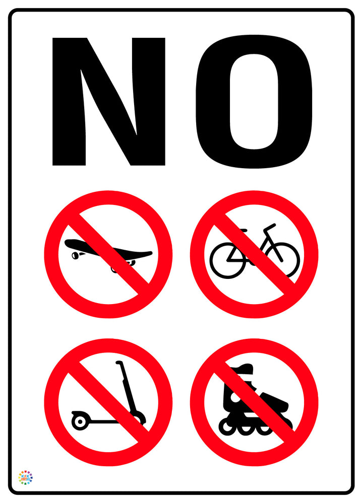 No Skateboarding, Bicycling, Scooter Riding, or Rollerblading Sign