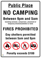 Public Place No Camping and No Fires Notice Sign