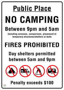 Public Place No Camping and No Fires Notice Sign