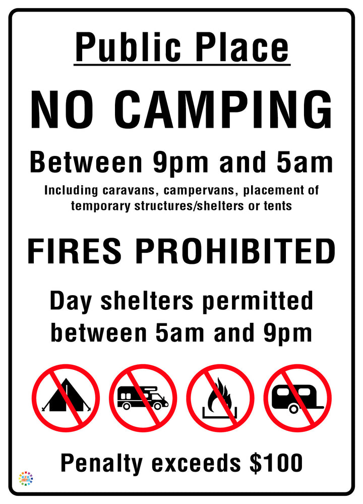 Public Place No Camping and No Fires Notice Sign