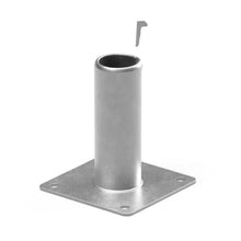 Load image into Gallery viewer, Galvanised surface mount sign post sleeve with 150mm square base plate and four M10 mounting holes
