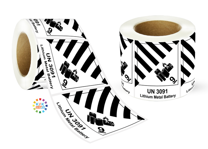 Lithium Metal Battery Mark Labels UN 3091 - 120mm (H) x 110mm (W) Label Roll