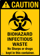 Caution - Biohazard Infectious Waste No Sharps Or Drugs Kept In This Container Sign