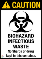 Caution - Biohazard Infectious Waste No Sharps Or Drugs Kept In This Container Sign