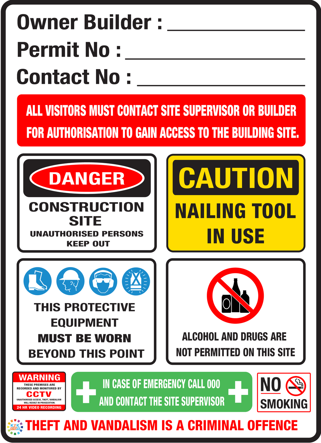 Owner Builder Construction Site With CCTV, No Smoking & More Sign