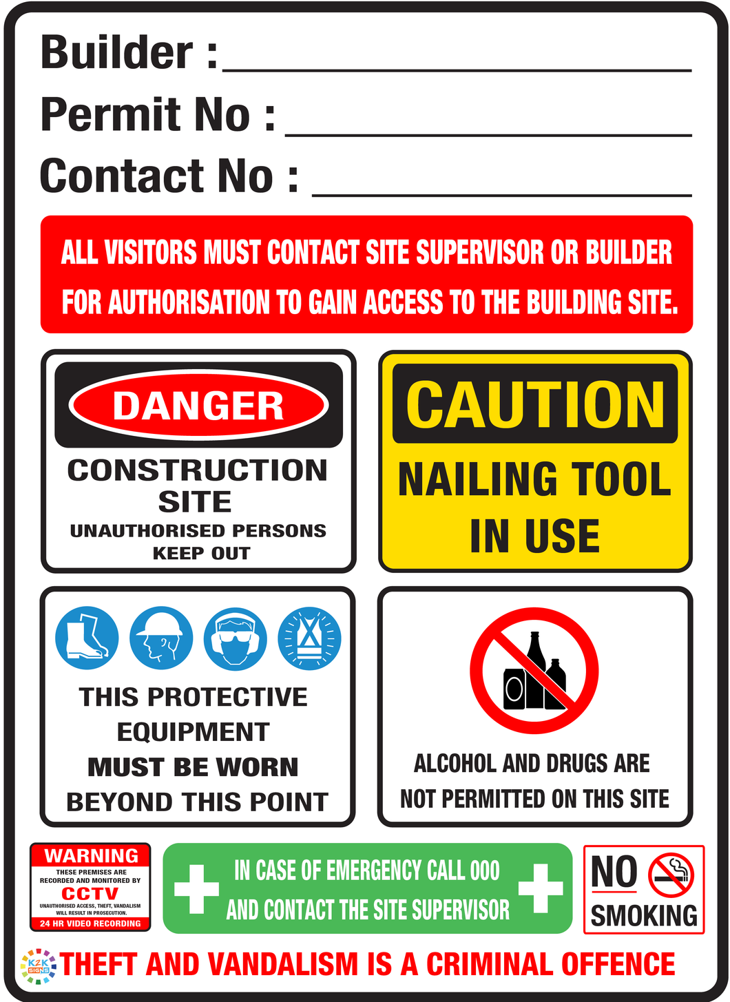 Building Site Construction Sign With CCTV & No Smoking Sign