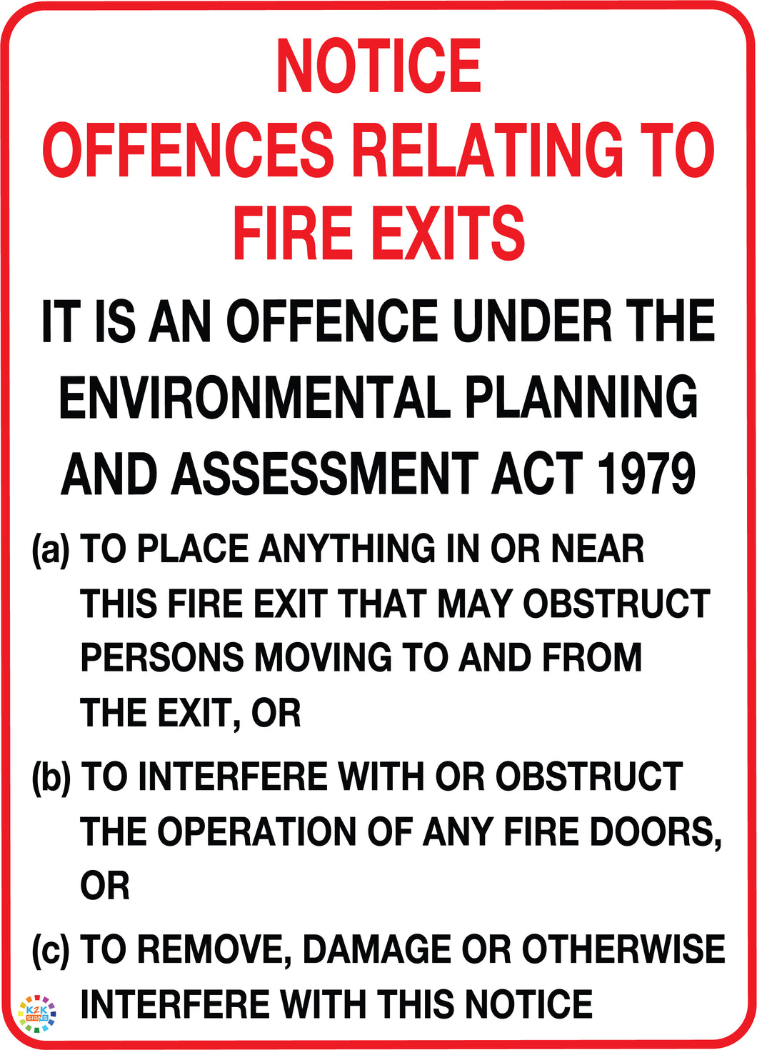 Notice - Offences Relating to Fire Exits  Sign