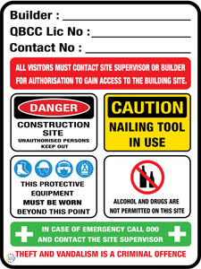 Queensland Builder Construction Site Sign with builder name, QBCC licence number, contact details, PPE, emergency and site safety notices